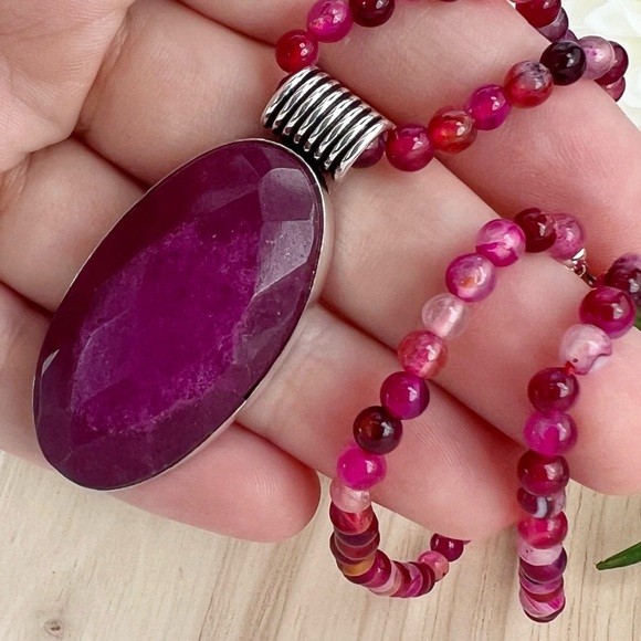 Handmade Jewelry - Ruby Tourmaline Pendant Solid Sterling Silver 925 and 4mm Agate Necklace New